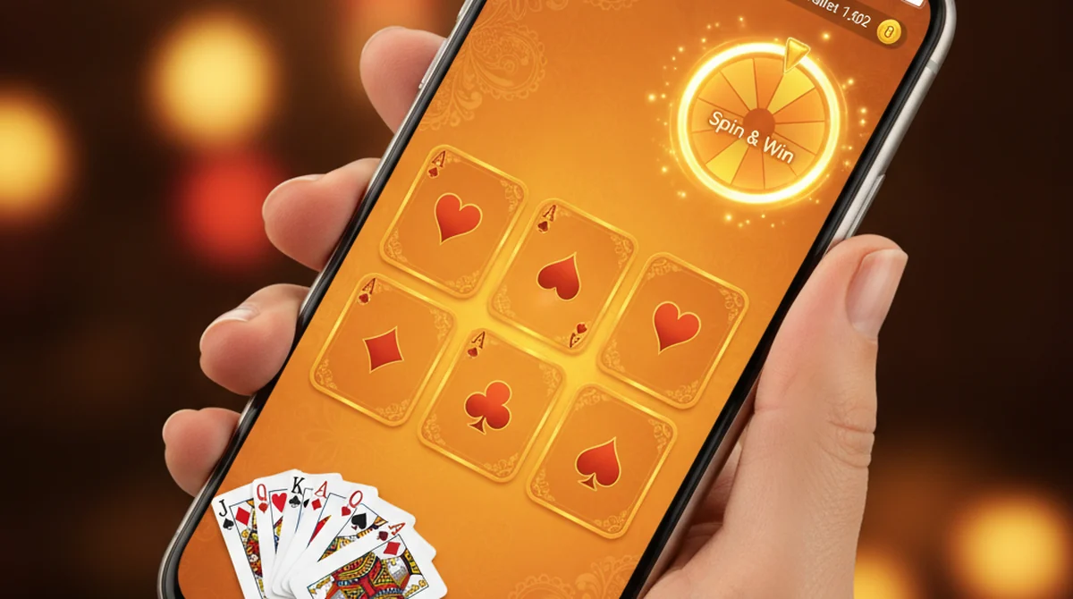 A smartphone displaying Jaiho Rummy festive gold-themed lobby and 13-card tables