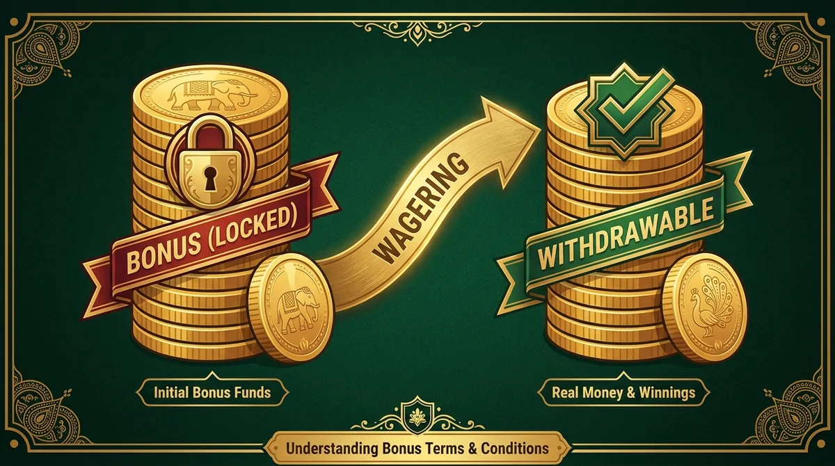 Infographic illustrating the transition from locked bonus chips to withdrawable cash through turnover requirements